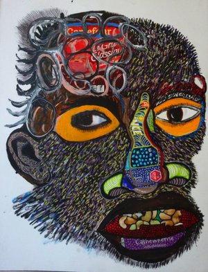 Eddy Ekete : Cousin de l'homme (2015)(Acrylique sur papier et collages)(66x50cm)