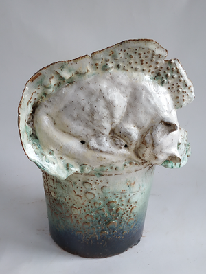 JJDamville - Avant la mise en pot, Herminette (grès émaillé) 30x36 cm - 2018