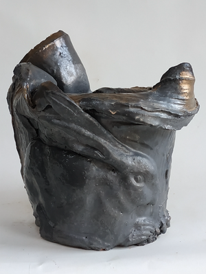 JJDamville - Avant la mise en pot, le lièvre de Pisanello (grès émaillé) 30x36 cm - 2018