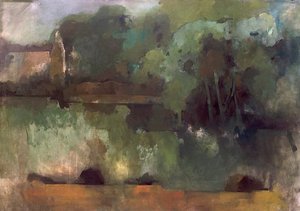 Pierre Gaste - Huile sur toile - Paysage au cyprès aux reflets blancs 140 x 200 cm