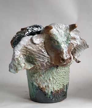 JJDamville - Avant la mise en pot, les belles encornées (grès émaillé) 30x36 cm - 2018