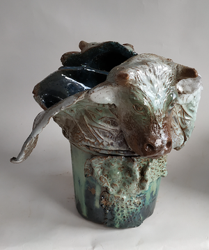 JJDamville - Avant la mise en pot, les belles encornées (vue de dos)(grès émaillé) 30x36 cm - 2018