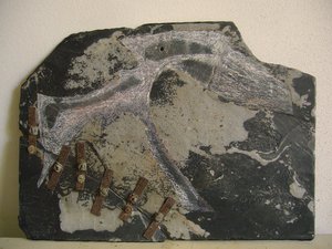 Raffaele Melis : L’oiseau pétrifié  (Technique mixte : Ardoise, cire, métal)