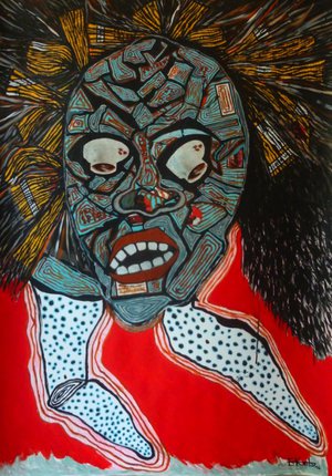 Eddy Ekete : Tabac et café (2016)(Acrylique sur papier, collages, crayons de couleur)(100x70cm)