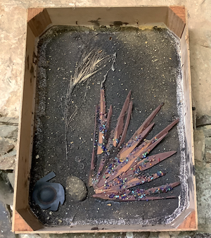 Raffaele Melis : La cagette recyclée (Technique mixte : Bois, végétaux et matériaux variés)