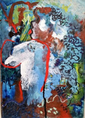 Atsoupe : L'étreinte de Dino et Aria - Huile et pastel sur papier 109 x 78 cm