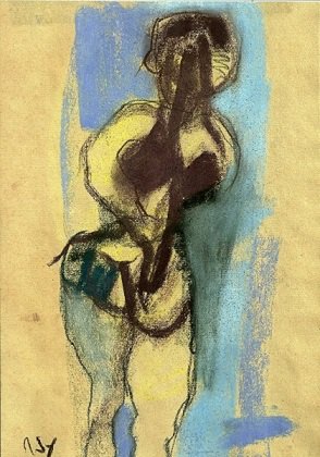 Roger Decaux : Éplucheuse de la durée - Craie d'art sur papier 25 x 19 cm