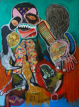 Eddy Ekete : Monsieur Pasquier (2012)(Acrylique sur toile, collages)(100x72cm)