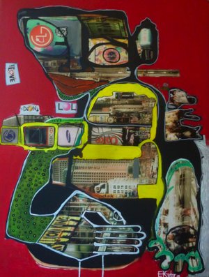 Eddy Ekete : Vue de loin (2015)(Acrylique sur tableau IKEA, collage)(80x60cm)