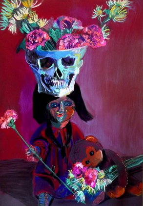 Aurélie de Heinzelin : Poupée, singe, crâne et œillets (pastel sec sur papier 100x70cm, 2012)