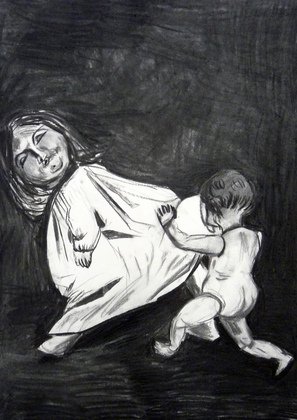 Aurélie de Heinzelin : Deux poupées (fusain sur papier 70x50cm, 2011)