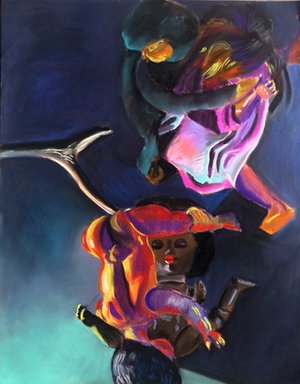 Aurélie de Heinzelin : Trois poupées, un singe et un cerf (pastel sec sur papier 80x60cm, 2012)