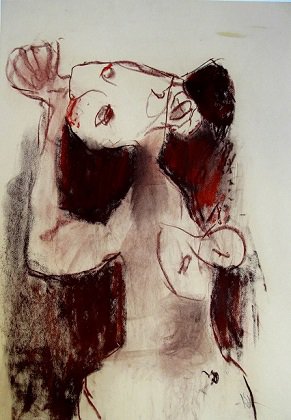 Roger Decaux : L’invité au repas - Craie d'art sur papier 95 x 65 cm