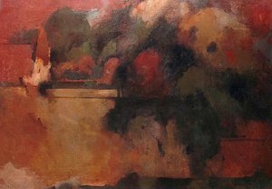 Pierre Gaste - Huile sur toile - Paysage rouge au cyprès rouge 130 x 187cm