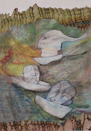 Lilli Deutsch - "Boatpeople" - Papier marbré (M.Peter), gravure, dessin (34x47 cm)