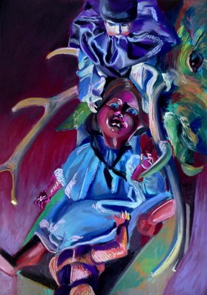 Aurélie de Heinzelin : Poupées et tête de cerf (pastel sec sur papier 100x70cm, 2012)