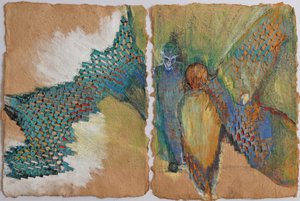 Lilli Deutsch - "Anges ?" - Collage/Dessin sur 2 papiers artisanaux teinté de thé (34x24 cm)