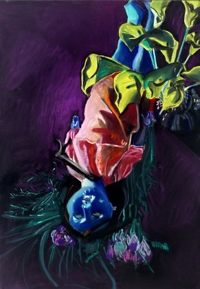 Aurélie de Heinzelin : Poupée, callas et freesias (pastel sec sur papier 100x70 cm, 2012)