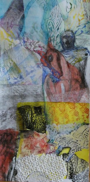 Lilli Deutsch - "Le Voyageur" - Eau forte, papiers artisanaux, collage, encre sur papier (50x88 cm)