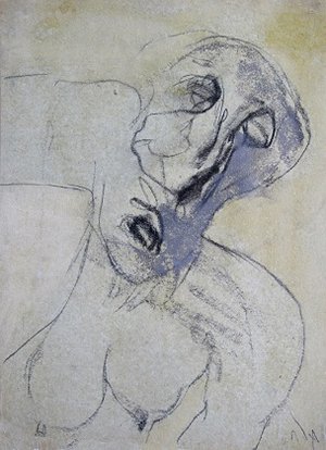 Roger Decaux : Combat de pauvres - Craie d'art sur papier 28 x 20 cm