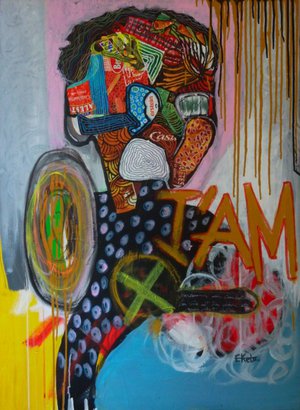 Eddy Ekete : I'AM (2012)(Acrylique sur toile, collages)(100x72cm)