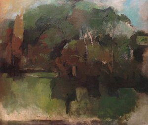 Pierre Gaste - Huile sur toile - Paysage au cyprès à la pointe ocre 106 x 127 cm