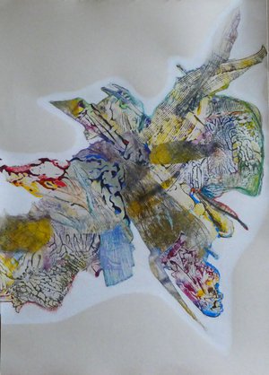 Lilli Deutsch - "Portrait d'un moment" - Collages avec papiers japonais imprimés, encre, pastels à l'huile sur papier (50x71 cm)