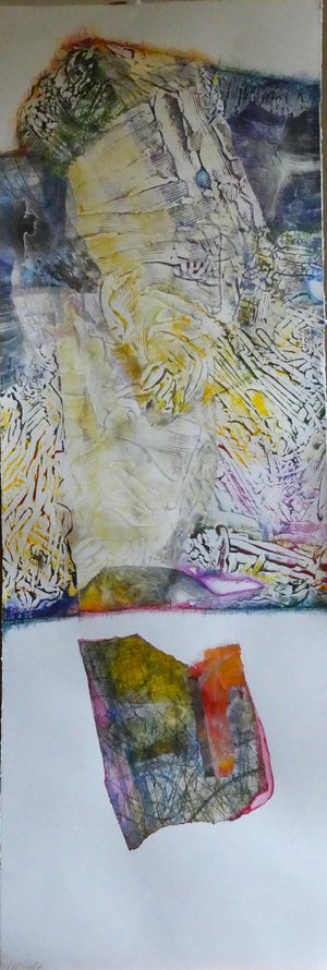 Lilli Deutsch - "Libre dans la pesanteur" - Collages papiers japonais imprimés, encre sur papier (38x111 cm)