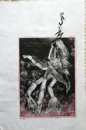 Lilli Deutsch - "Sa majesté - le monstre" - Monotype, tampons, papier artisanal sur papier (33x50 cm)