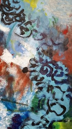 Atsoupe : L'étreinte de Dino et Aria - Huile et pastel sur papier 109 x 78 cm - Détail